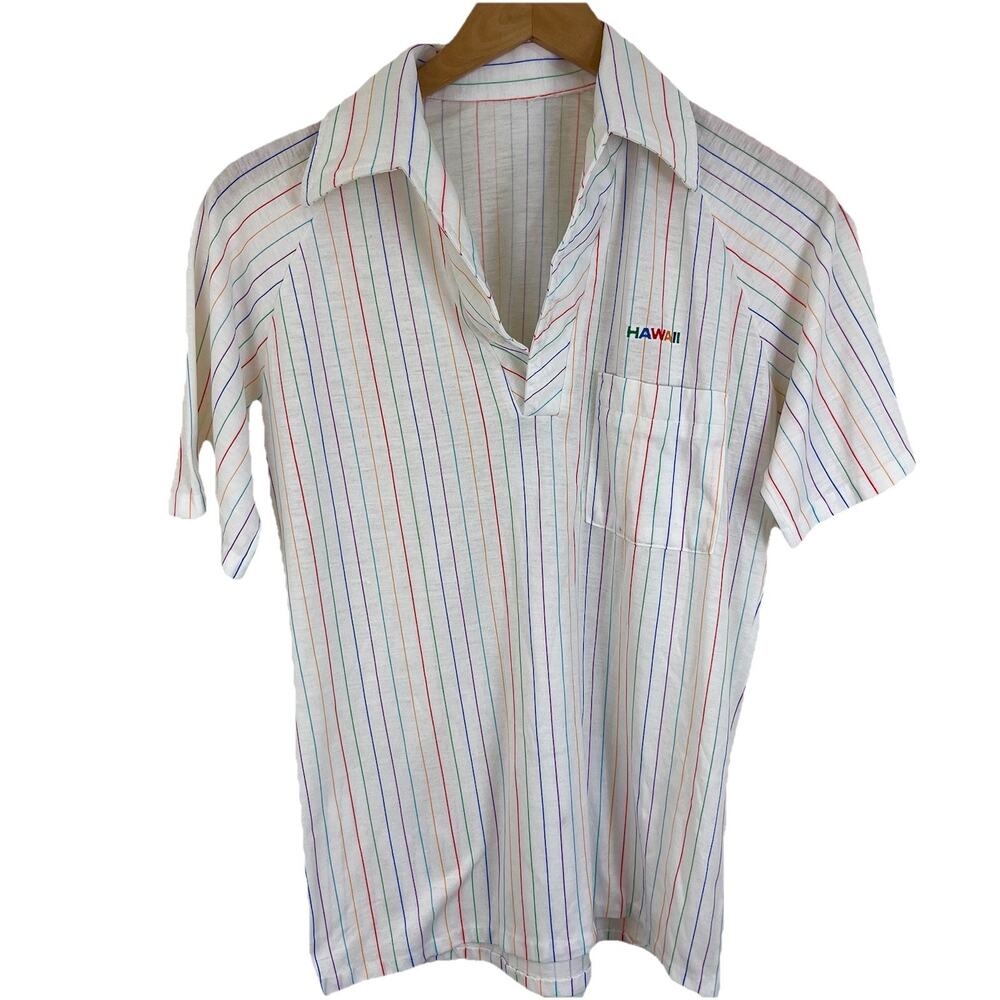 Vintage Hawaii Rainbow Stripe Polo Shirt Retro Tourist Souvenir Beach Tee